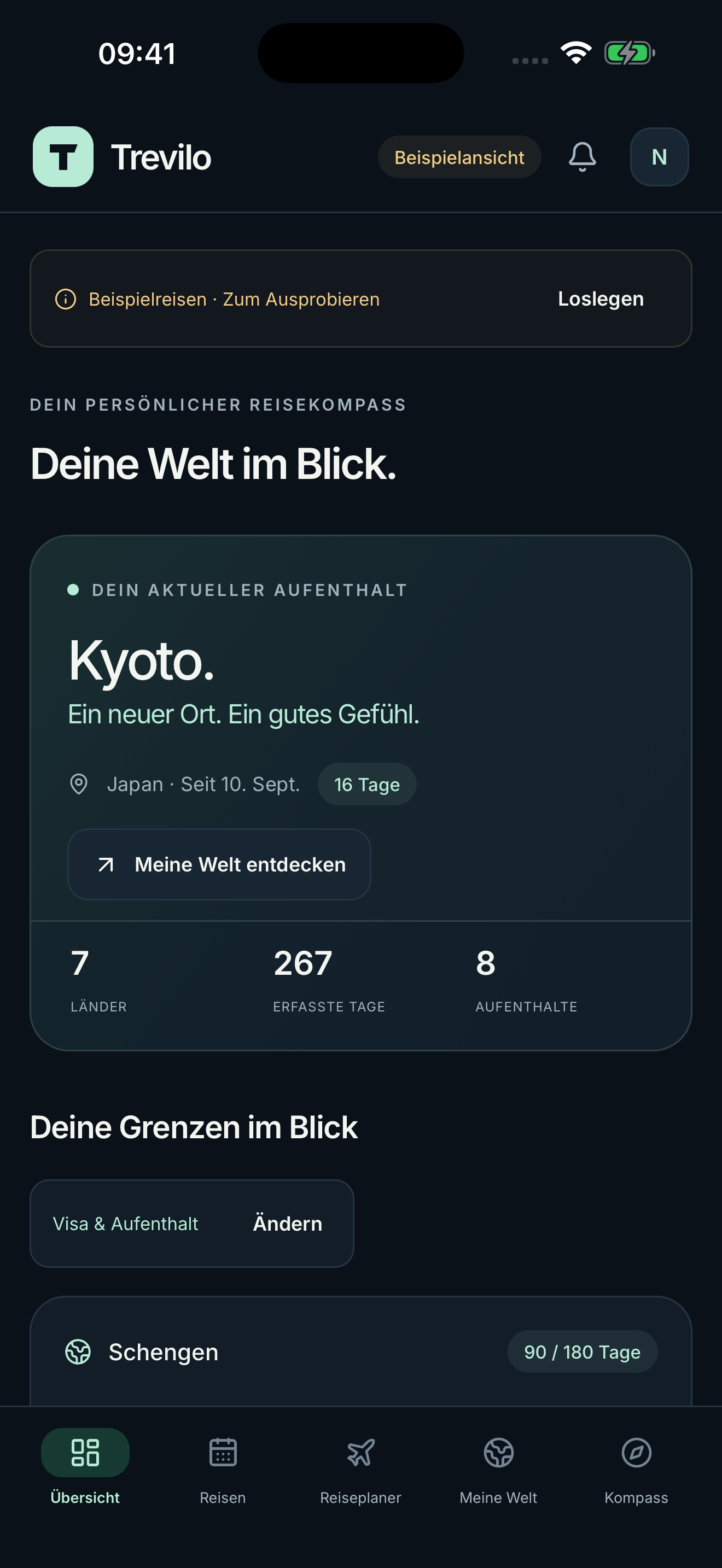 Echte App-Ansicht mit Reisetagen, Länderübersicht und Schengen-Zähler anhand gekennzeichneter Beispieldaten